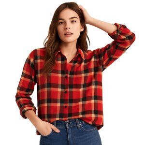 Madewell Plaid Flannel Button Down Red Black Cream Check Shirt Size M – Cozy